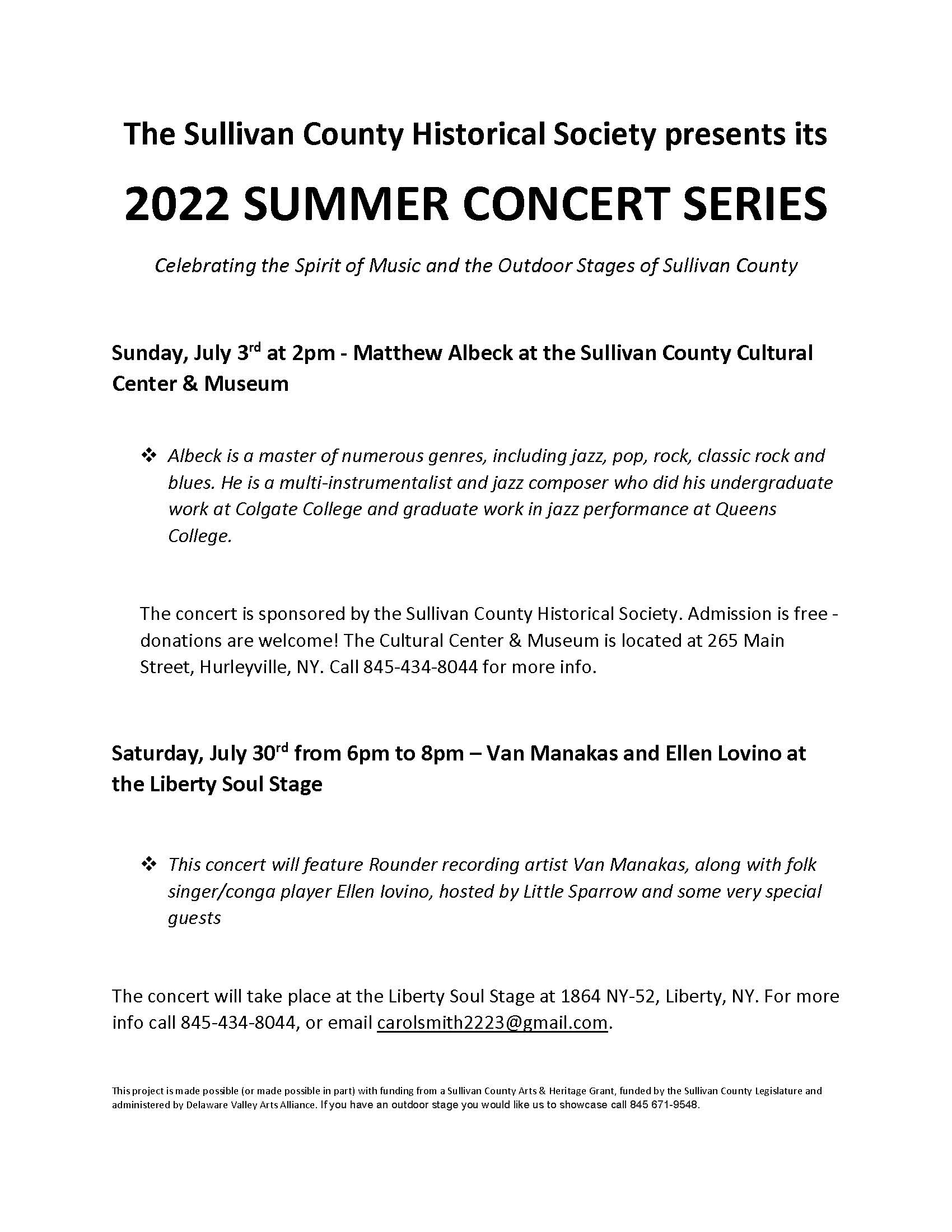 The Sullivan County Historical Society presents 2022 Summer Concert Series